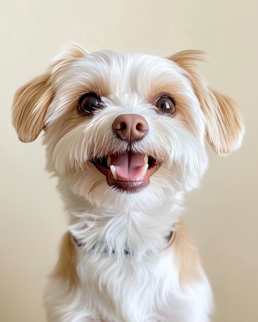 Groomed white dog smiling