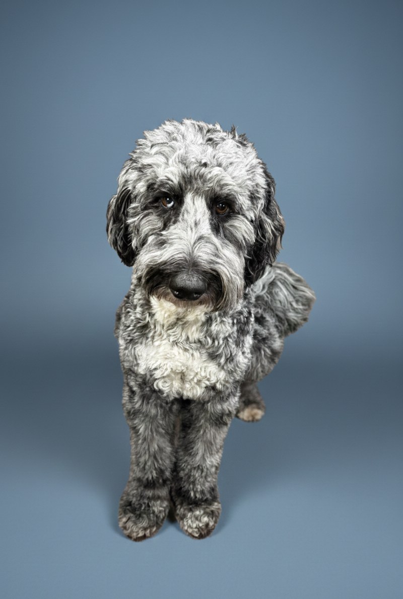 A freshly groomed merle doodle standing against a blue backdrop